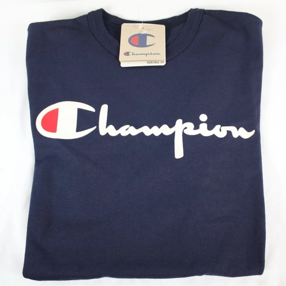 Champion Navy Blue 100%‎ Cotton Logo Heritage T-Shirt Mens Size Small - NEW - Picture 8 of 8